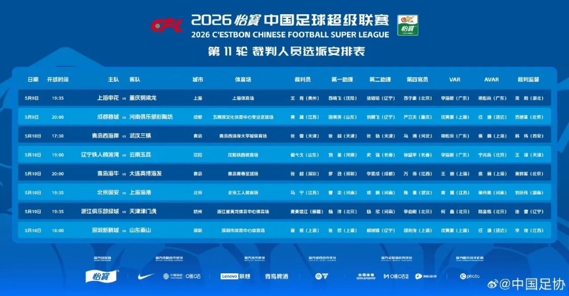 开云-中超第 11 轮名哨云集！马宁执哨国安海港巅峰对决